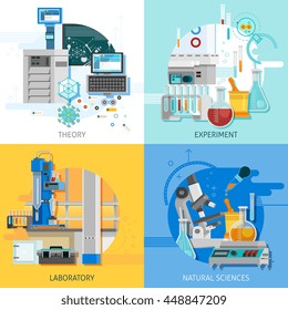 Science laboratory 2x2 design concept with highly technological equipment for theoretical research and practical experiment flat vector illustration  