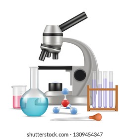 Science laboratory 3d. Biology physics items for tests and experiments in lab microscope glass tubes vector realistic composition