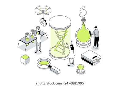 Science laboratory 3d isometric concept in outline isometry design for web. People researching dna molecule in glass, doing genetic tests and clinical experiments in flasks. Vector illustration.