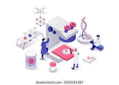 Concepto isométrico 3D de laboratorio de Ciencia en Diseño gráfico de geometría para Web. Personas que trabajan con microscopio, que realizan investigaciones científicas en frascos y tubos de laboratorio, que crean vacunas. Ilustración vectorial.