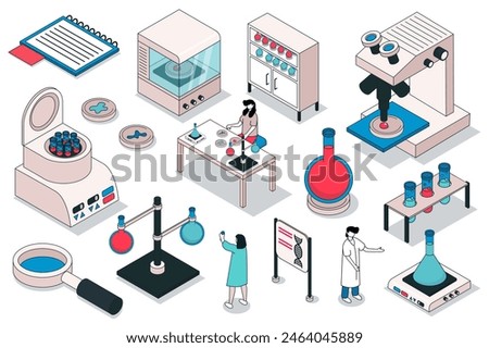Science laboratory 3d isometric mega set. Collection flat isometry elements and people of scientific experiment equipment, test tubes, microscope analysis, genetic engineering. Vector illustration.