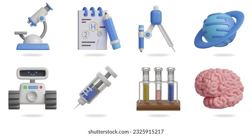 conjunto de iconos vectoriales 3D de laboratorio científico.
microscopio, nota y lápiz, dibujo de brújula, planeta, robot, jeringa, tubo de ensayo, cerebro