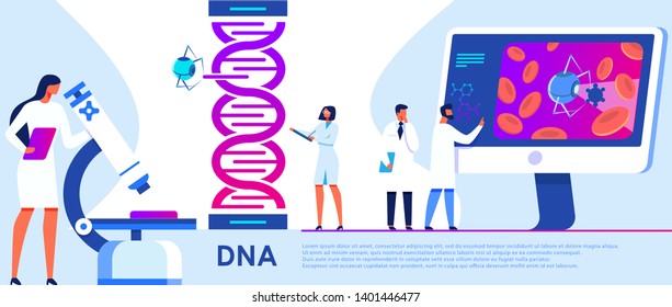 Science Laboratory Banner. Assistants Work in Scientific Medical Chemical or Biological Lab Setting Experiment. Woman Working with Microscope. DNA Research Vector Illustration. Changing Structure.