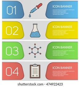 Science laboratory banner templates set. Easy to edit. Pipette with drop, boiling beaker, molecular structure and lab clipboard. Website menu items. Color web banner. Vector headers design concepts
