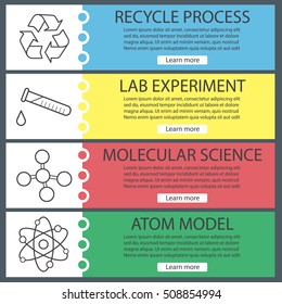 Science laboratory banner templates set. Easy to edit. Atom and molecule, recycle symbol and chemical test tube. Website menu items with linear icons. Color web banner. Vector headers design concepts
