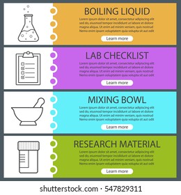 Science laboratory banner templates set. Mortar and pestle, medical tests jar, boiling liquid, lab checklist. Website menu items with linear icons. Color web banner. Vector headers design concepts