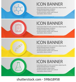 Science laboratory banner templates set. Pipette with drop, boiling beaker, molecule and lab clipboard website menu items with linear icons. Color polygonal web banner concepts. Vector backgrounds