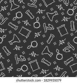 Categoría de laboratorio de ciencia Patrón sin foco con botellas de laboratorio negras estilo de contorno a mano vectorial