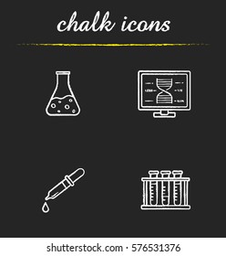 Science laboratory chalk icons set. Dna research, beaker with liquid, medical dropper, test tubes rack. Isolated vector chalkboard illustrations