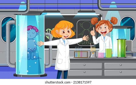 Science laboratory for chemical experiments with scientist illustration