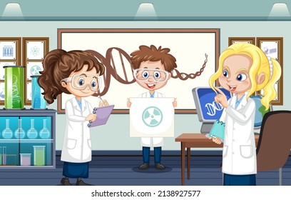 Science laboratory for chemical experiments with scientist illustration