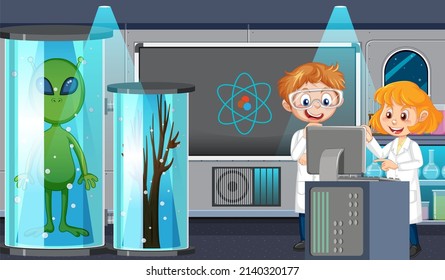 Science laboratory for chemical experiments with scientist illustration