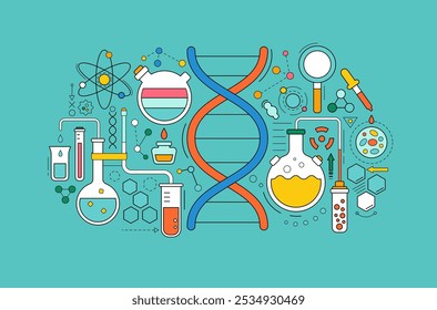 Banner de pesquisa científica, química ou médica. Química e biologia na educação escolar. Fundo geométrico com equipamento de teste científico, frascos de vidro, molécula de dna, ilustração vetorial