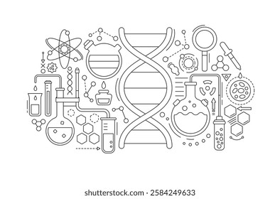 Science laboratory, chemical or medical research banner. Chemistry and biology in school education. Geometric background with scientific test equipment, glass flasks, dna molecule, vector illustration