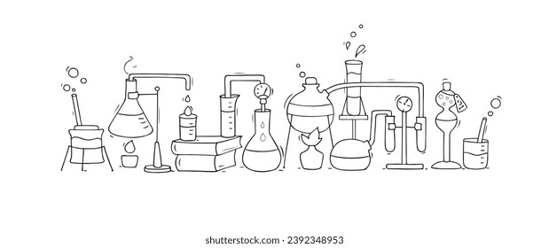 Laboratorio científico con equipo químico para pruebas y experimentos. Laboratorio médico, científico o farmacéutico con vasos, tubos y tuberías de vidrio, ilustración de doodle vectorial