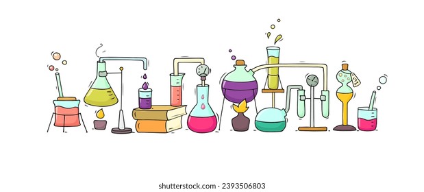 Laboratorio científico con equipo químico para pruebas y experimentos. Laboratorio médico, científico o farmacéutico con vasos, tubos y tuberías de vidrio, ilustración de doodle vectorial