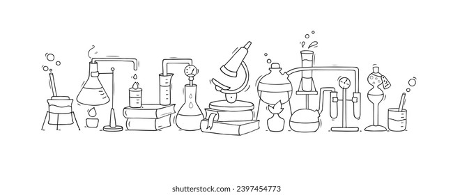 Science laboratory with chemistry equipment for tests and experiments. Medical, scientific or pharmacy lab with glass beakers, tubes and microscope, vector doodle illustration