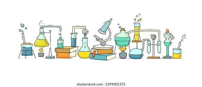 Laboratorio científico con equipo químico para pruebas y experimentos. Laboratorio médico, científico o farmacéutico con vasos, tubos y microscopio, ilustración del doodle vectorial