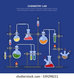 Science laboratory or chemistry lab for analysis or experiment. Glassware flask and pipes or tubes, boiling or heating chemical reaction research. Equipment for school or scientist experiment