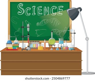 Science Laboratory Chemistry Test Science Lab with Microscope, Glass Tubes, Beaker White Table Scientific Background.