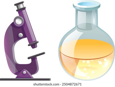 Science Laboratory Chemistry Test Science Lab with Microscope, Glass Tubes, Beaker White Table Scientific Background. Colorful Liquid Biology Laboratory Chemical Fluid Scientist Experiment