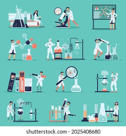 Science laboratory color icon set female and male scientists working with flasks pipettes and liquids vector illustration