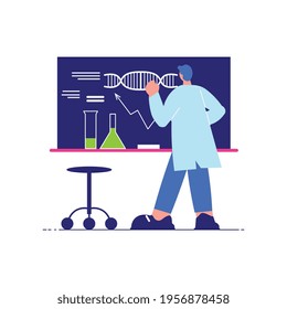 Science laboratory composition with character of scientist drawing on blackboard with chalk vector illustration