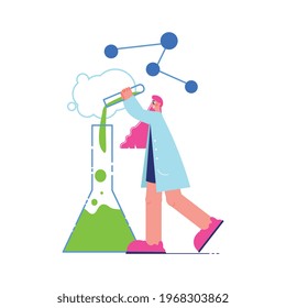Science laboratory composition with character of scientist pouring liquid into flask vector illustration