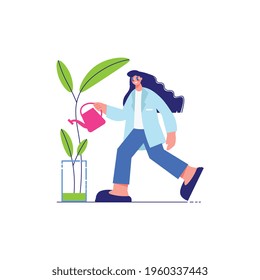Science laboratory composition with female character of scientist watering flower vector illustration