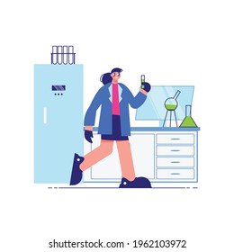 Science laboratory composition with female character of scientist in test lab vector illustration
