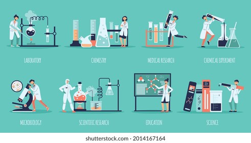 Science laboratory composition set with laboratory chemistry medical research chemical experiment microbiology and other descriptions vector illustration