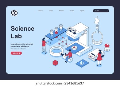 Science laboratory concept in 3d isometric design for landing page template. People making researches on microscope, doing chemicals tests in flasks and tubes in lab. Vector illustration for web