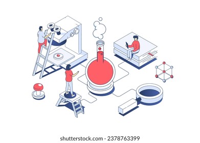 Science laboratory concept in 3d isometric design. Scientific team making chemicals tests in flasks, researching liquid in lab tubes. Vector illustration with isometry people scene for web graphic