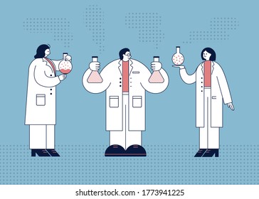 Science laboratory concept with biochemical and medical research team with experiment equipment on abstract background. Isolated flat vector illustration in modern minimalistic style.