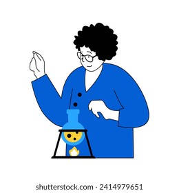 Science laboratory concept with cartoon people in flat design for web. Scientist researching chemical reaction in flask with burner. Vector illustration for social media banner, marketing material.