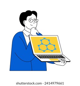 Science laboratory concept with cartoon people in flat design for web. Scientist working at laptop with cells molecule structure. Vector illustration for social media banner, marketing material.