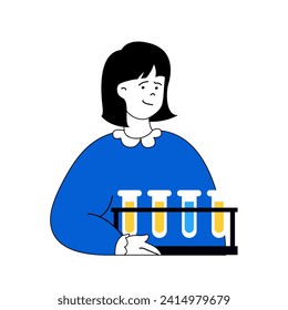 Science laboratory concept with cartoon people in flat design for web. Scientist making pharmaceutical researches in flasks at lab. Vector illustration for social media banner, marketing material.