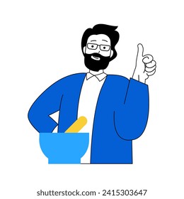 Science laboratory concept with cartoon people in flat design for web. Scientist with mortar and pestle developing herbal pharmacy. Vector illustration for social media banner, marketing material.