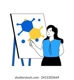 Science laboratory concept with cartoon people in flat design for web. Scientist making presentation report with molecular structure. Vector illustration for social media banner, marketing material.