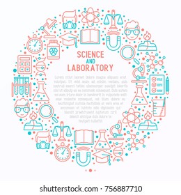 Science and laboratory concept in circle with thin line icons of scientist, dna, microscope, scales, magnet, respirator, spirit lamp. Vector illustration for banner, web page, print media.