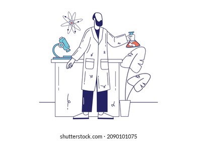Science laboratory concept in flat line design for web banner. Man scientist holding flask and doing test in lab with microscope, modern people scene. Vector illustration in outline graphic style