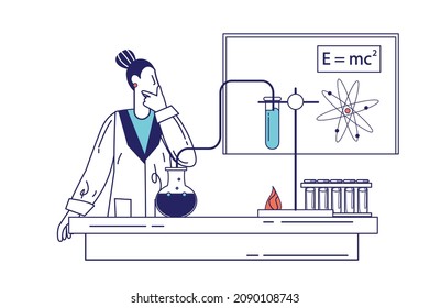 Science laboratory concept in flat line design for web banner. Woman scientist doing research test in flasks and tubes in physics lab, modern people scene. Vector illustration in outline graphic style