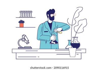 Concepto de laboratorio de ciencia en diseño de línea plana para banner web. El hombre científico vierte del tubo en el matraz y hace pruebas químicas en el laboratorio y en la escena de la gente moderna. Ilustración del vector en el estilo gráfico de contorno