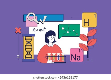 Science laboratory concept in flat neo brutalism design for web. Scientist makes chemical research with flask tube, makes lab research. Vector illustration for social media banner, marketing material.