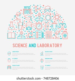 Science and laboratory concept in half circle with thin line icons of scientist, dna, microscope, scales, magnet, respirator, spirit lamp. Vector illustration for banner, web page, print media.