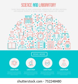 Science and laboratory concept in half circle with thin line icons of scientist, dna, microscope, scales, magnet, respirator, spirit lamp. Vector illustration for banner, web page, print media.