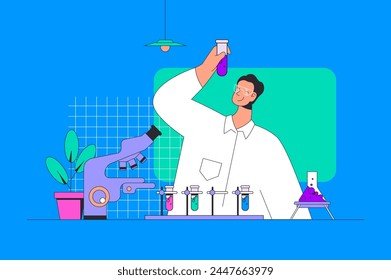 Science laboratory concept in modern flat design for web. Scientist making researches and experiment at lab flask, works at microscope. Vector illustration for social media banner, marketing material.