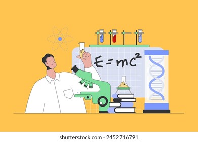 Science laboratory concept in modern flat design for web. Man making lab tests at flask and microscope, making professional expertise. Vector illustration for social media banner, marketing material.