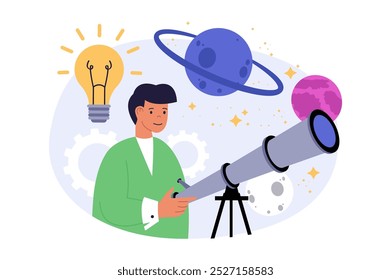 Concepto de laboratorio de Ciencia en diseño plano moderno para el Web. Hombre mirando telescopio, aprendiendo cielo con estrellas, cuerpos del cosmos y planetas de galaxias, estudiando astronomía en observatorio. Ilustración vectorial.