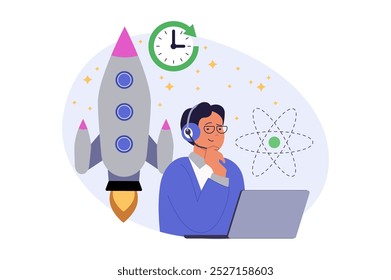 Conceito de laboratório de ciência em design plano moderno para web. O homem trabalha como técnico de laboratório por laptop, monitorando astronômicas naves espaciais e ônibus espaciais em exploração e estações de cosmos. Ilustração vetorial.